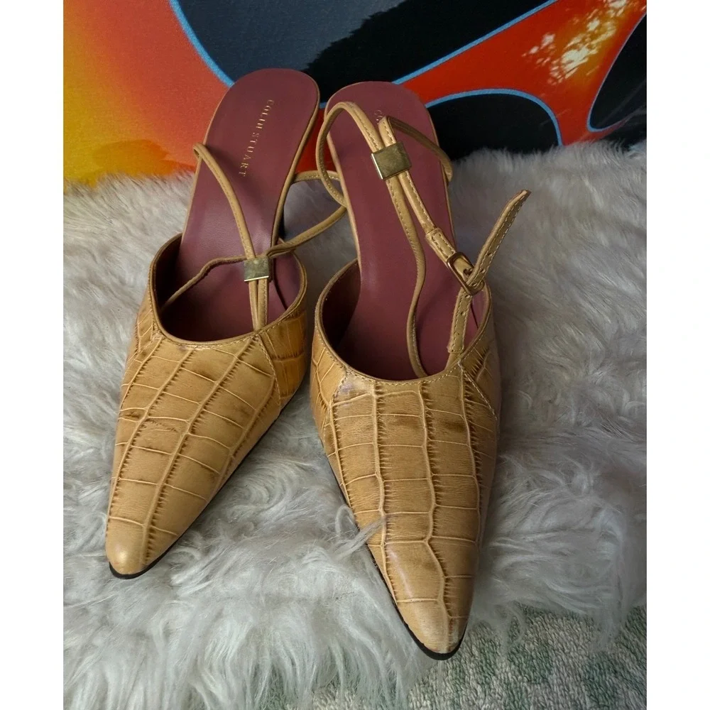 Colin‎ Stuart Tan Croc Embossed Leather Pointed Toe Ankle Wrap Heels Size 8